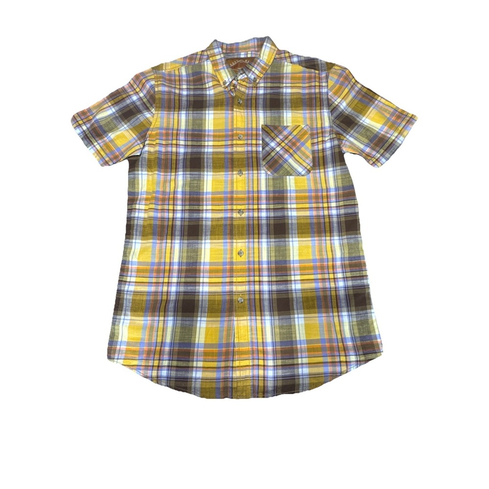 Red Camel Shirt Mens Medium Plaid Cotton Short Sleeve Yellow Brown Grandpa VTG